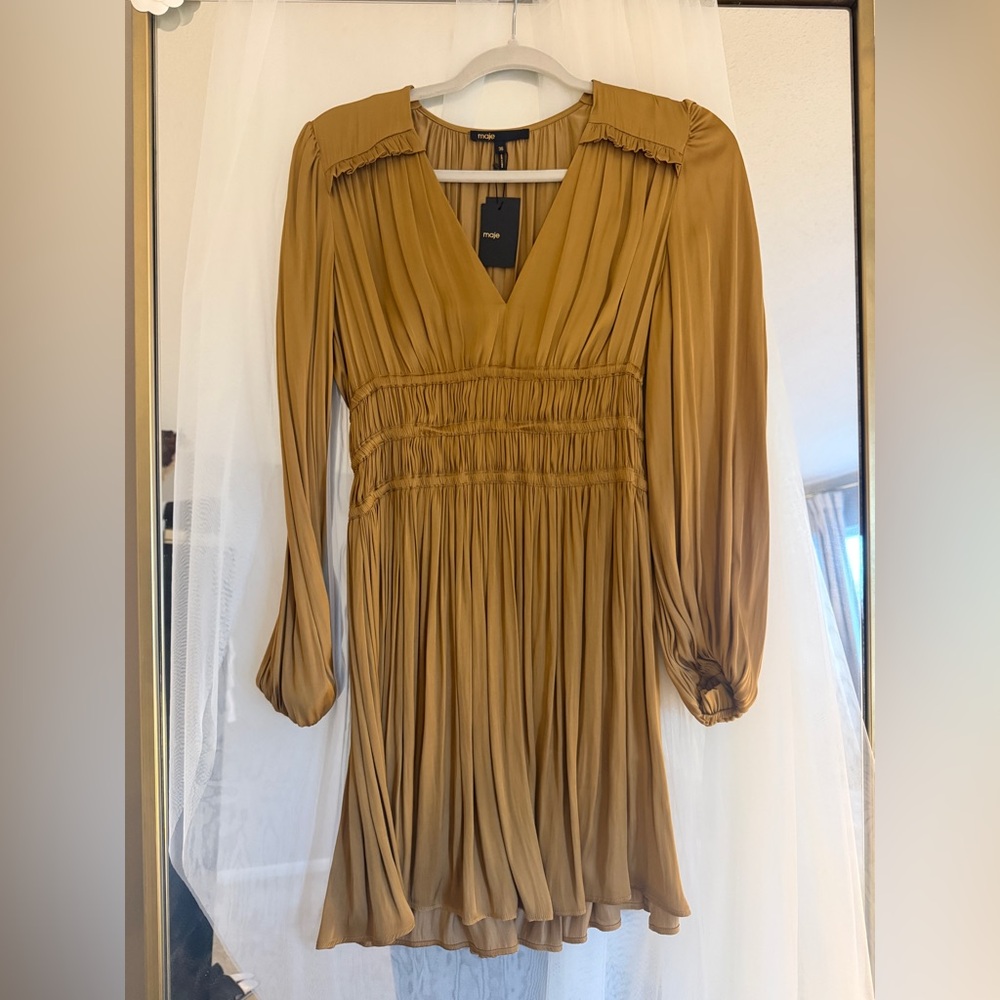 Brand New Maje Mustard Pleated V-Neck Long Sleeve Dress